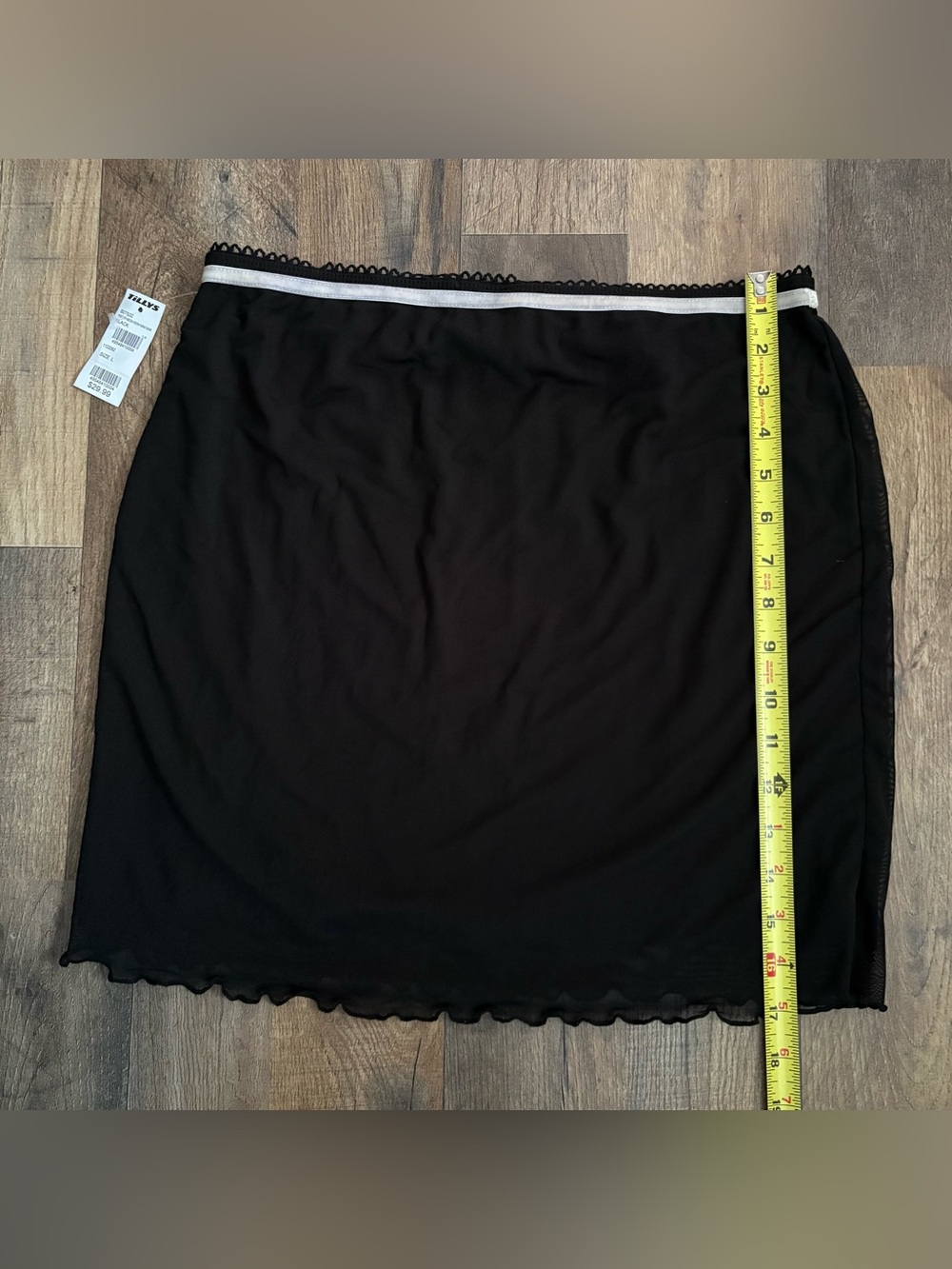 RSQ Black Mesh Mini Skirt w/ Trim and White Bow Accents, Ruffle Hem, Large, NWT - Picture 7 of 8